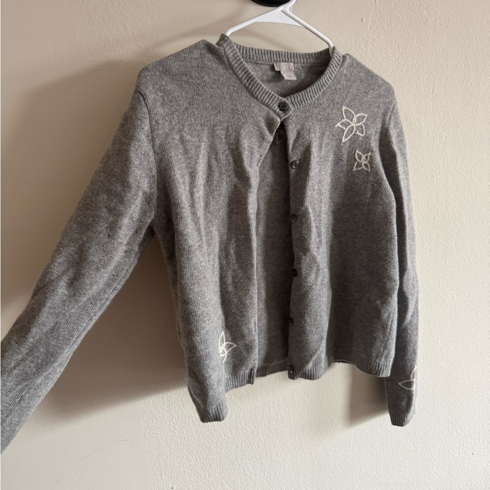 J. Crew Gray Cardigan with White Embroidery